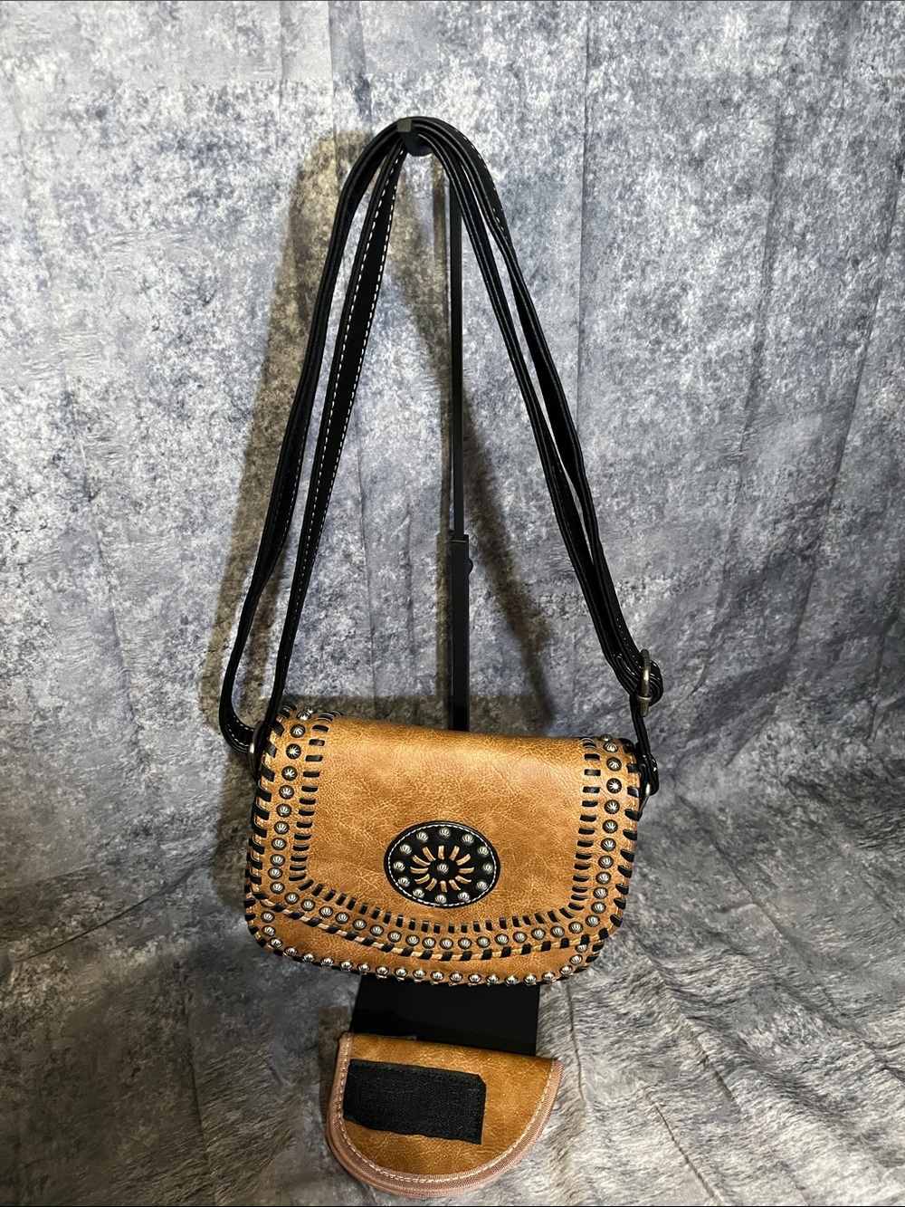 Blazin Roxx Tan Crossbody with Black Strap and Stud Accents with conceal